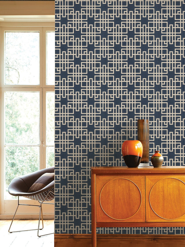 Mana Navy Trellis Blue Wallpaper with Textured Geometric Lattice - Advantage 4035-409253
