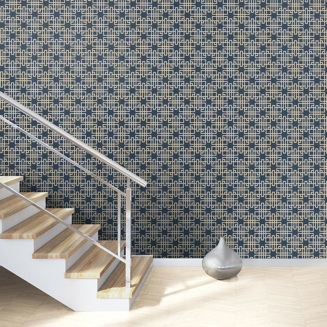 Mana Navy Trellis Blue Wallpaper with Textured Geometric Lattice - Advantage 4035-409253