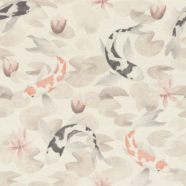 Nobu Beige Koi Fish Wallpaper with Eclectic Textured Pattern - Brewster 4035-409420