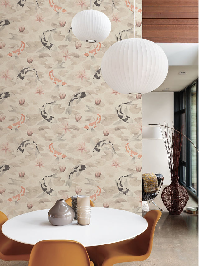Nobu Beige Koi Fish Wallpaper with Eclectic Textured Pattern - Brewster 4035-409420