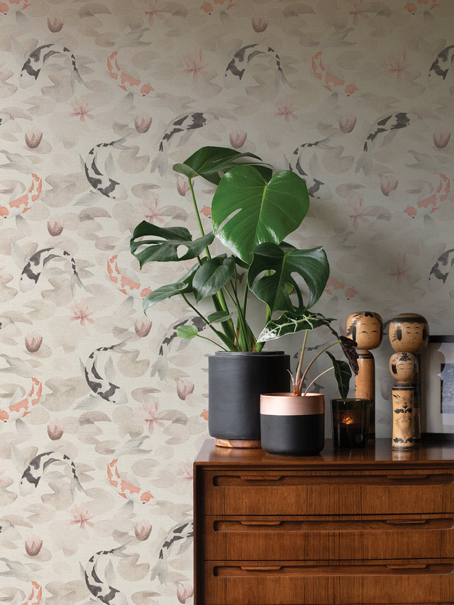 Nobu Beige Koi Fish Wallpaper with Eclectic Textured Pattern - Brewster 4035-409420