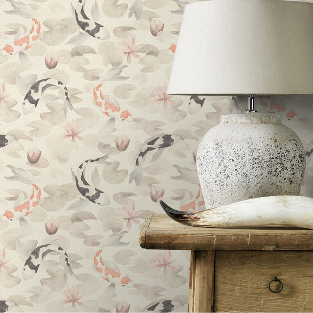 Nobu Beige Koi Fish Wallpaper with Eclectic Textured Pattern - Brewster 4035-409420