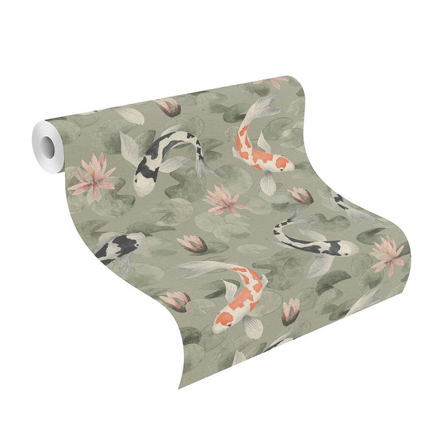 Nobu Green Koi Fish Textured Wallpaper with Eclectic Fish and Lily Pad Motif - Advantage 4035-409437