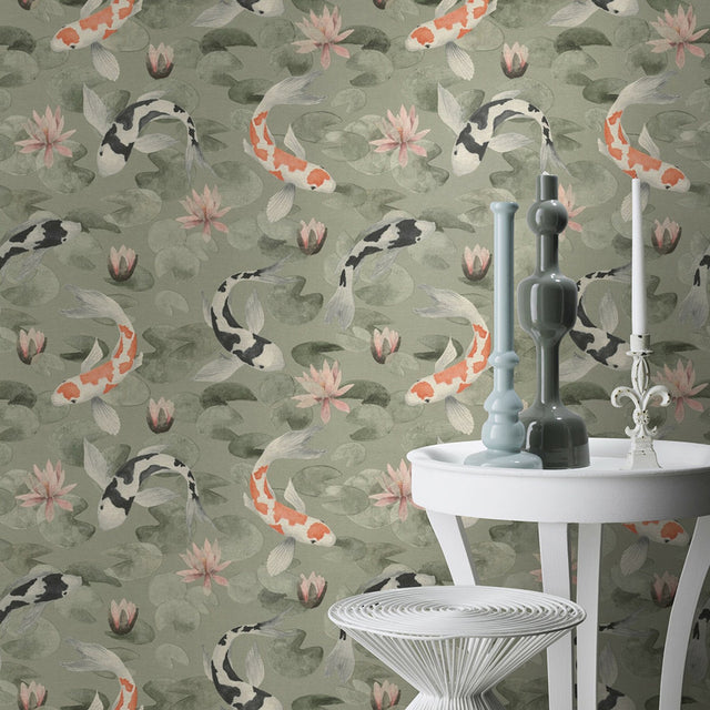Nobu Green Koi Fish Textured Wallpaper with Eclectic Fish and Lily Pad Motif - Advantage 4035-409437