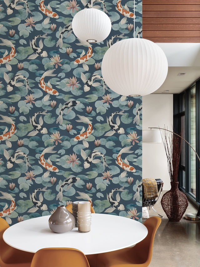 Nobu Blue Koi Fish Wallpaper with Eclectic Textured Fish Motif - Advantage 4035-409444