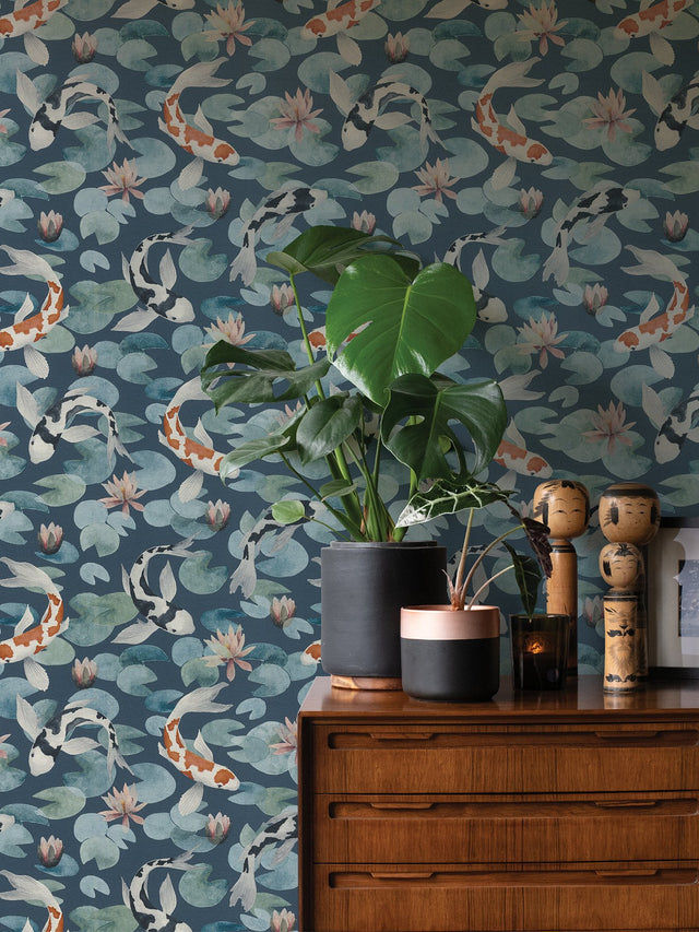 Nobu Blue Koi Fish Wallpaper with Eclectic Textured Fish Motif - Advantage 4035-409444