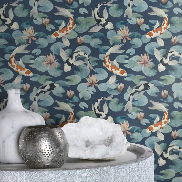 Nobu Blue Koi Fish Wallpaper with Eclectic Textured Fish Motif - Advantage 4035-409444