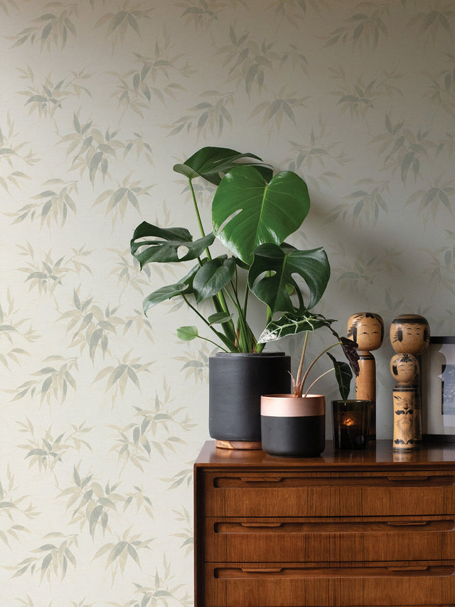 Minori White Leaves Wallpaper with Textured Botanical Leaf Motif - Brewster 4035-409741