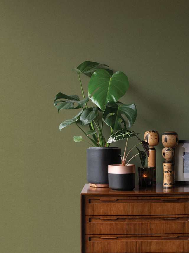 Umi Green Faux Linen Wallpaper with Fabric & Woven Texture - Advantage 4035-452068