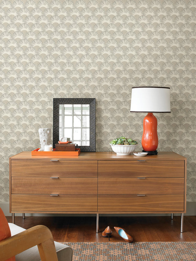 Akemi Grey Fan Ogee Wallpaper with Modern Geometric Fan Motif - Advantage 4035-539301