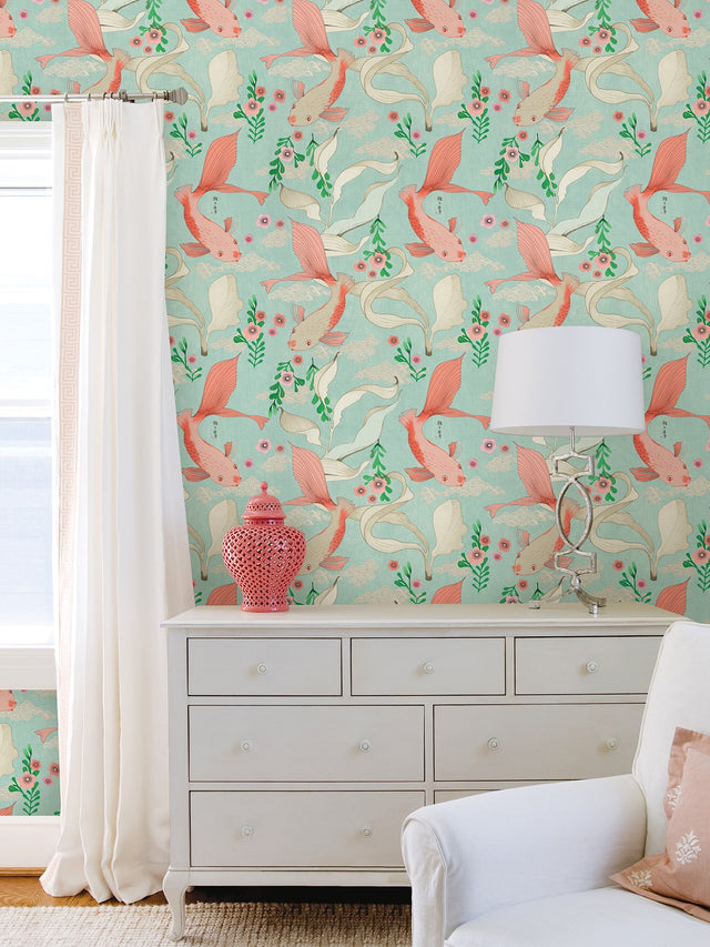 Dai Seafoam Betta Fish Wallpaper with Modern Botanical Fish Motif - 4035-539837