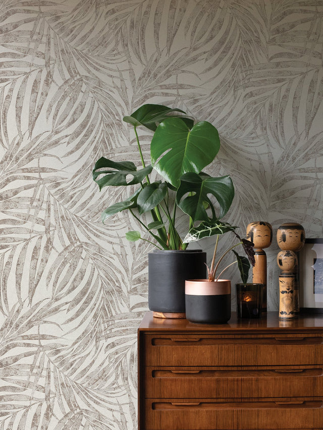 Anzu Pewter Frond Wallpaper with Metallic Raised Ink Botanical Leaves - Advantage 4035-617412