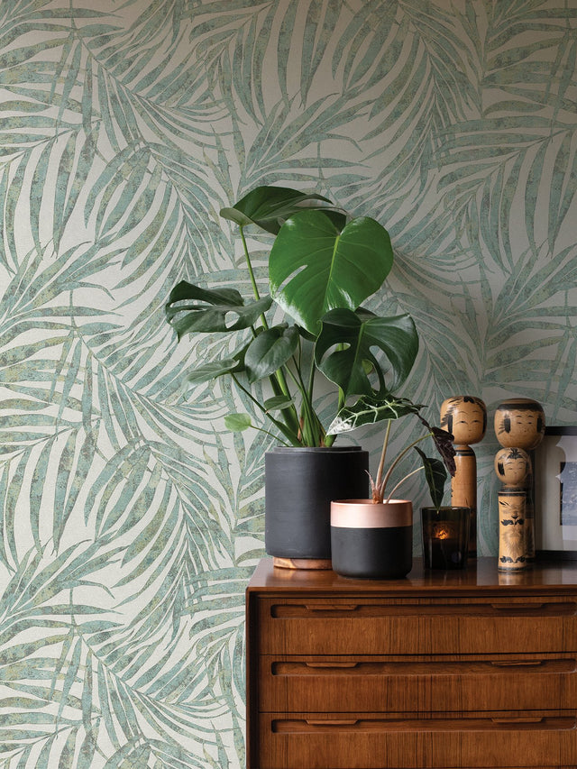 Anzu Green Frond Wallpaper with Modern Botanical Leaves Motif - Advantage 4035-617443