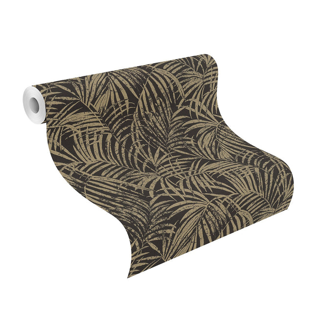 Yumi Black Palm Leaf Wallpaper with Glam Botanical Leaves Motif - Advantage 4035-832143