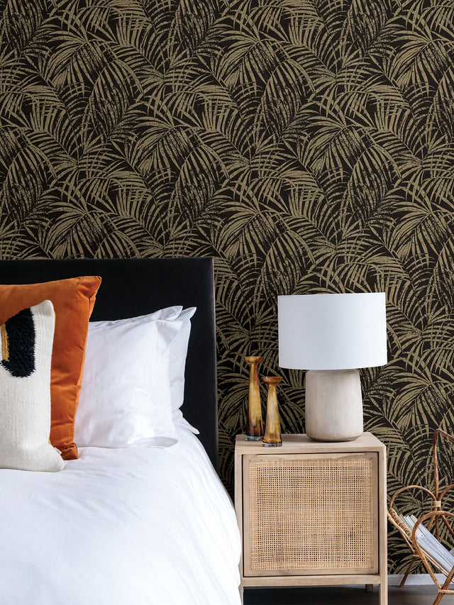 Yumi Black Palm Leaf Wallpaper with Glam Botanical Leaves Motif - Advantage 4035-832143