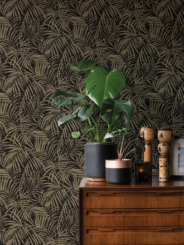 Yumi Black Palm Leaf Wallpaper with Glam Botanical Leaves Motif - Advantage 4035-832143