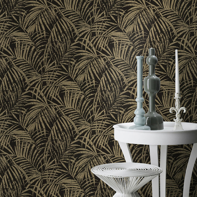 Yumi Black Palm Leaf Wallpaper with Glam Botanical Leaves Motif - Advantage 4035-832143