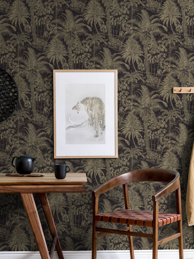 Yubi Black Palm Trees Wallpaper with Eclectic Botanical Trees Pattern - Advantage 4035-832525