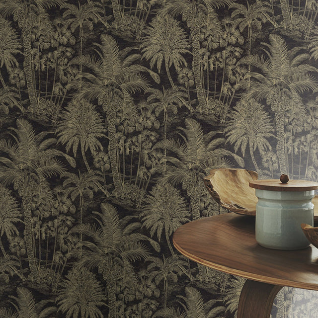 Yubi Black Palm Trees Wallpaper with Eclectic Botanical Trees Pattern - Advantage 4035-832525
