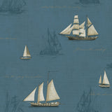Andrew Blue Sailboat Wallpaper with Metallic Script Motif - Advantage 4041-01701