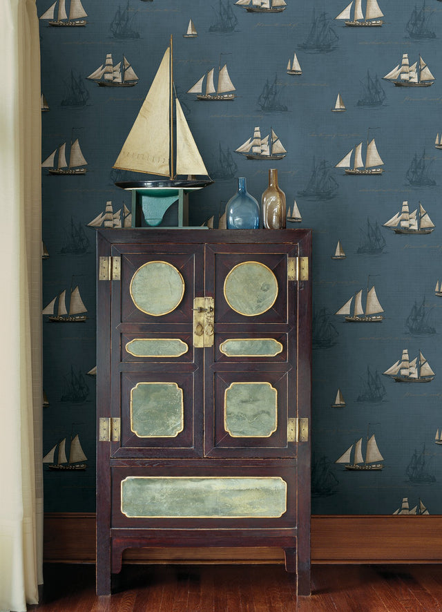 Andrew Blue Sailboat Wallpaper with Metallic Script Motif - Advantage 4041-01701