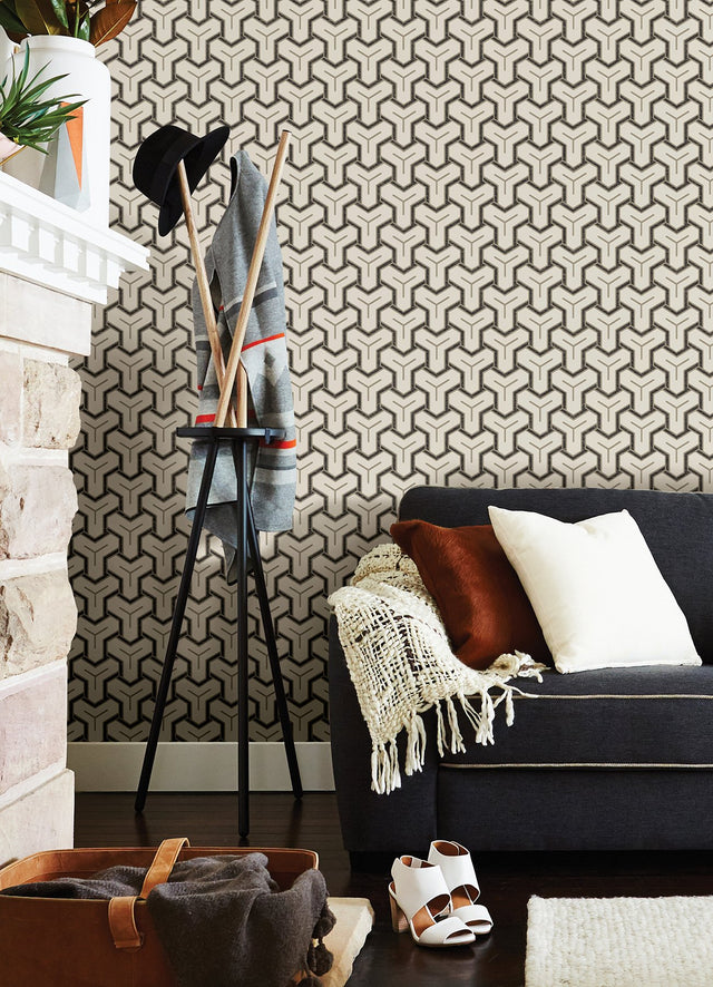 Gautier Cream Tessellate Geometric Wallpaper with Metallic Accents - Brewster 4041-26207