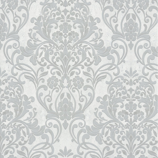Anders Silver Damask Wallpaper with Metallic Raised Ink on Vinyl Non Woven - Advantage 4041-32602