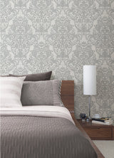 Anders Silver Damask Wallpaper with Metallic Raised Ink on Vinyl Non Woven - Advantage 4041-32602