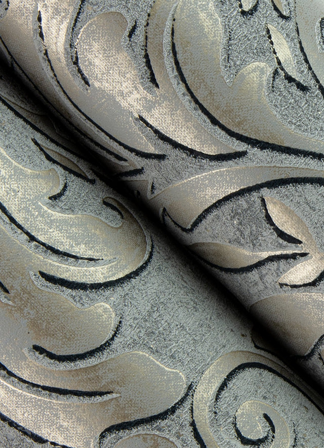 Anders Pewter Damask Wallpaper with Metallic Raised-Ink Traditional Damask - Brewster 4041-32605