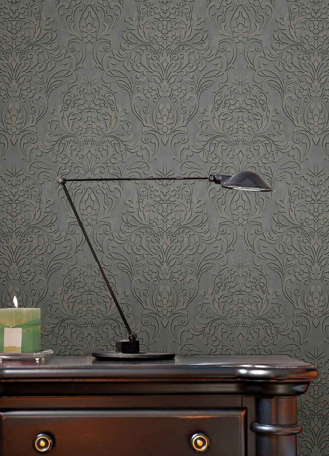 Anders Pewter Damask Wallpaper with Metallic Raised-Ink Traditional Damask - Brewster 4041-32605