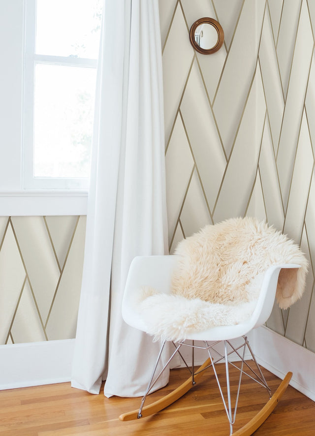 Manfred White Modern Herringbone Wallpaper with Metallic Gold Geometric Lines - Advantage 4041-34800