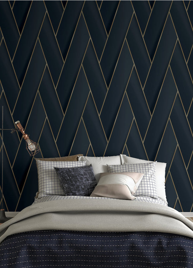 Manfred Navy Modern Herringbone Wallpaper with Metallic Gold Geometric Feature Wall Pattern - Advantage 4041-34801