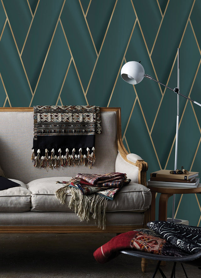 Manfred Teal Modern Herringbone Wallpaper with Metallic Geometric Feature Wall Pattern - Advantage 4041-34804