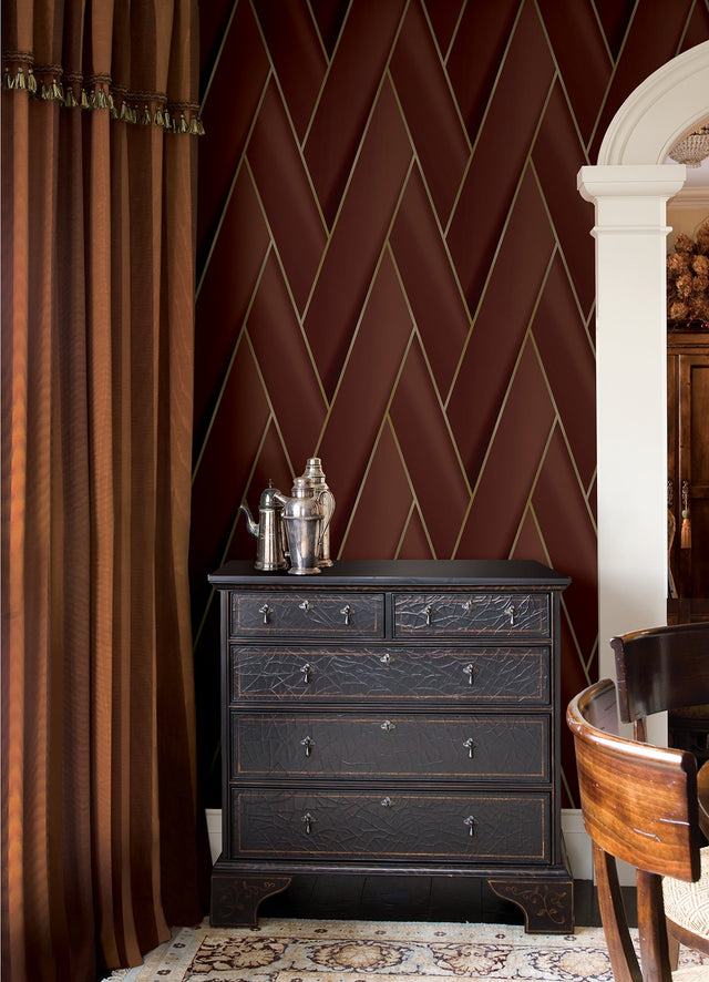 Manfred Ruby Modern Herringbone Wallpaper with Metallic Geometric Feature Wall Pattern - Advantage 4041-34810
