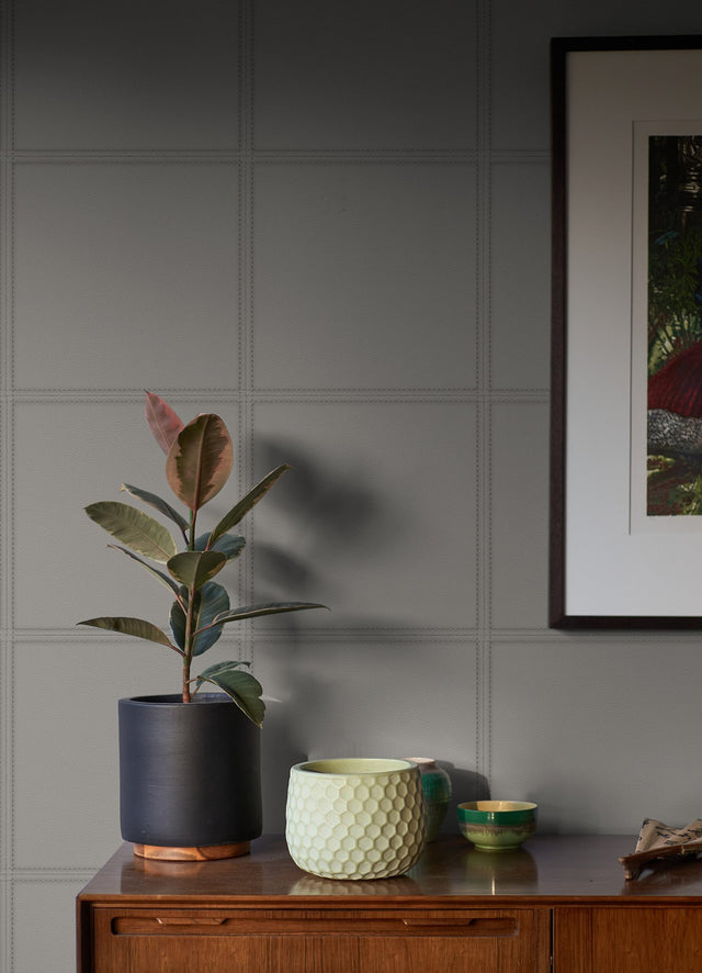Avenue Grey Leather Wallpaper with Metallic Raised Ink Faux-Panel Texture - Advantage 4041-419009