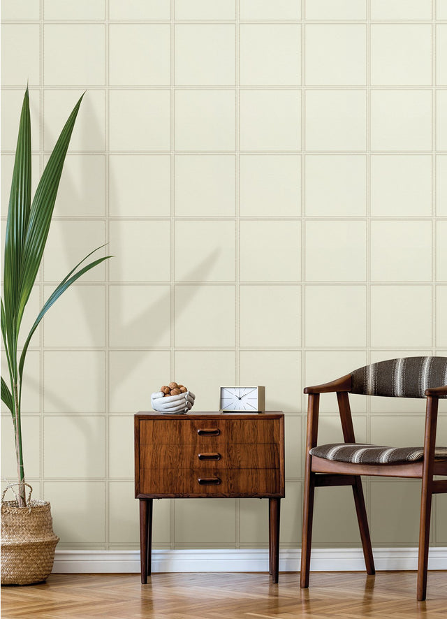 Avenue Cream Faux Leather Panel Wallpaper with Metallic Raised-Ink Stitching - Advantage 4041-576467