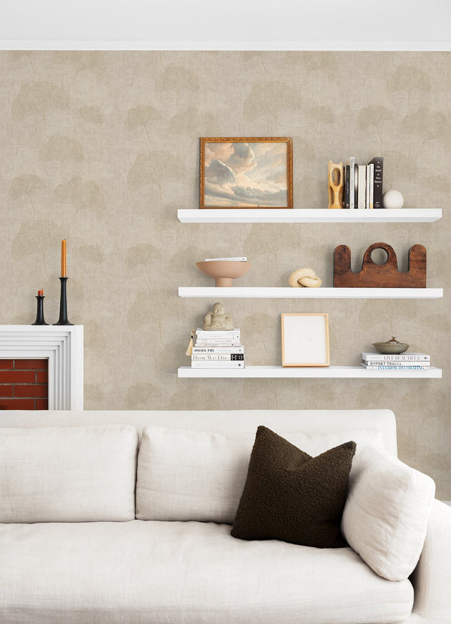Fairlane Neutral Floral Wallpaper with Gold Ginkgo Leaf Pattern - Advantage 4044-32265-5