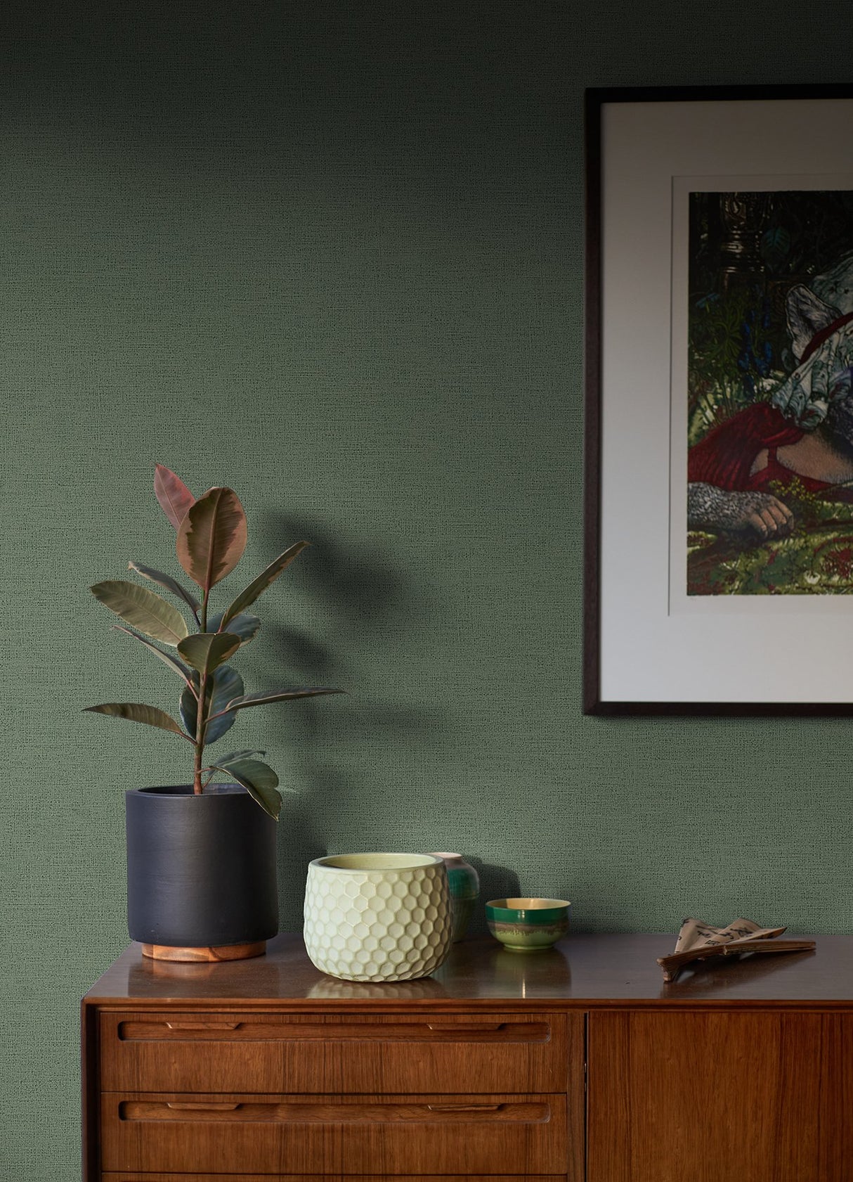 Estefan Dark Green Distressed Texture Wallpaper with Faux Linen Abstract Pattern - Advantage 4044-37178-7