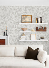 Zapata Off White Trees Wallpaper with Tropical Botanical Jaguar Toile - Advantage 4044-38021-1