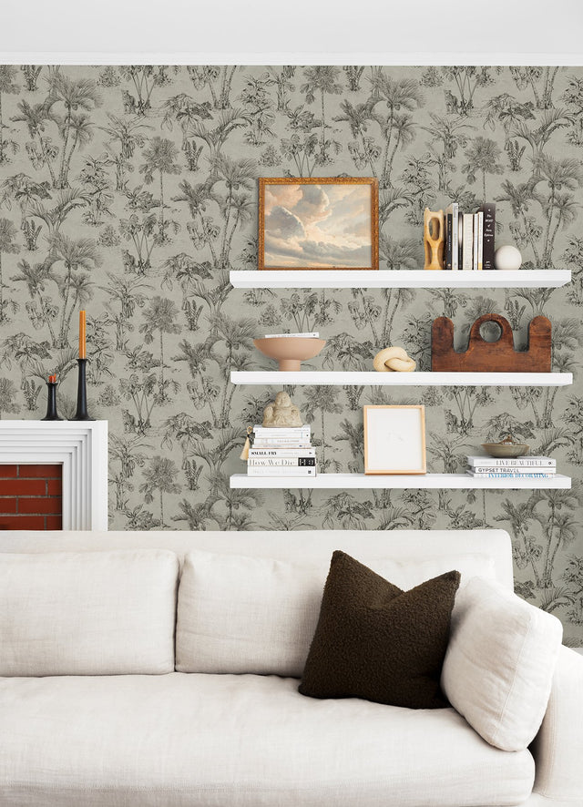 Zapata Black Tropical Jungle Wallpaper with Botanical Trees Pattern, Tropical Style - Advantage 4044-38021-4