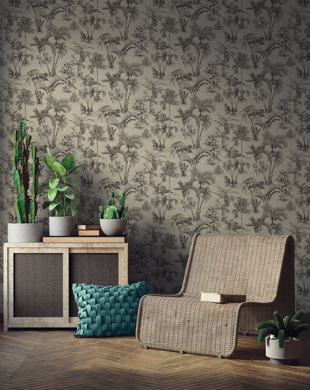 Zapata Black Tropical Jungle Wallpaper with Botanical Trees Pattern, Tropical Style - Advantage 4044-38021-4