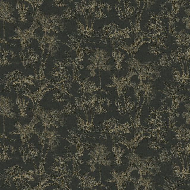 Zapata Gold Tropical Jungle Black Wallpaper with Botanical Trees Motif - Advantage 4044-38021-5