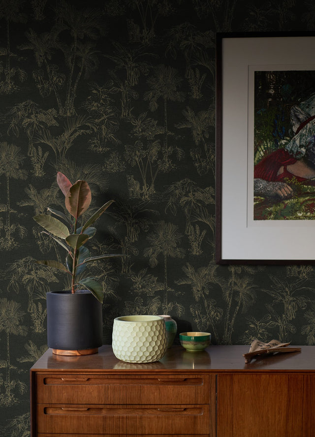 Zapata Gold Tropical Jungle Black Wallpaper with Botanical Trees Motif - Advantage 4044-38021-5