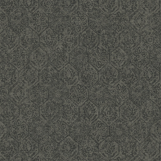 Edsel Charcoal Geometric Wallpaper with Distressed Floral Hexagon Pattern - Advantage 4044-38022-3