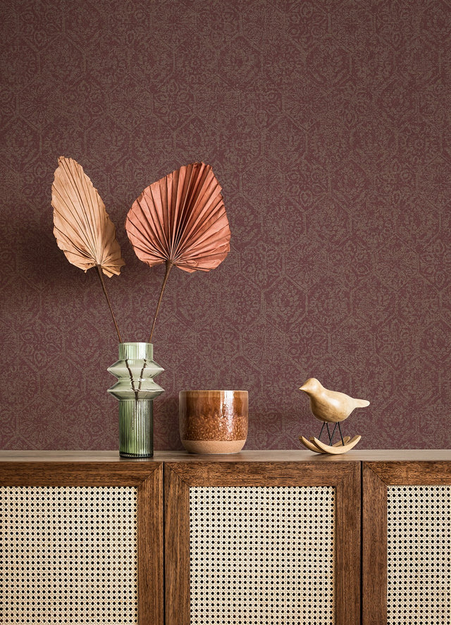 Edsel Maroon Geometric Wallpaper with Hexagonal Floral Motif - Advantage 4044-38022-4
