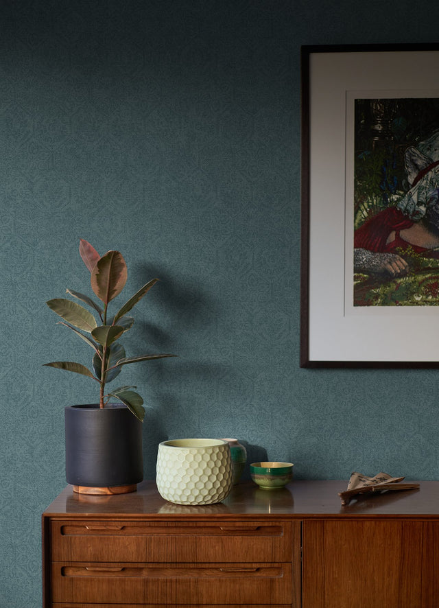 Edsel Blue Geometric Wallpaper with Distressed Floral Hexagon Motif - Advantage 4044-38022-5