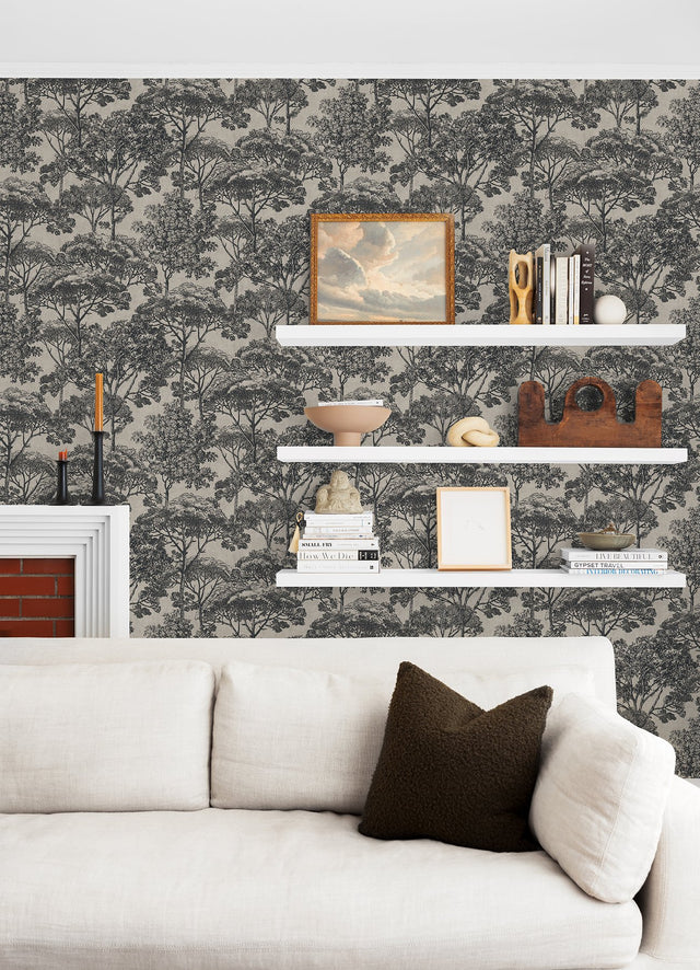 Teatro Black Trees Wallpaper with Modern Botanical Forest Pattern - Advantage 4044-38023-3