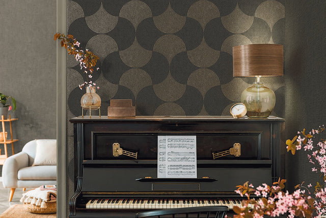 Bel Air Black Fan Wallpaper with Art Deco Geometric Fan Pattern - Advantage 4044-38027-4