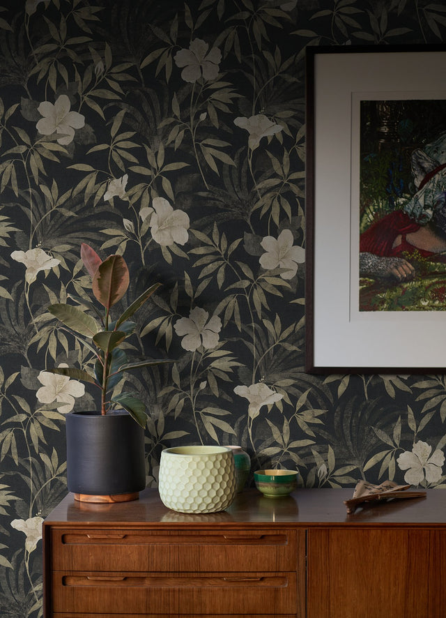 Malecon Charcoal Floral Wallpaper with Vintage Botanical Flower Pattern - Advantage 4044-38028-2