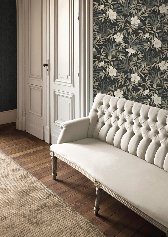 Malecon Charcoal Floral Wallpaper with Vintage Botanical Flower Pattern - Advantage 4044-38028-2